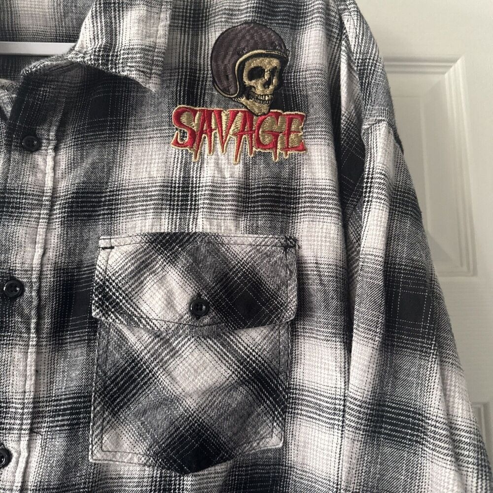 Plaid Flannel Shirt 3XL Embroidered Skull Rose Black White  Long Sleeve Nova Men - Picture 2 of 16